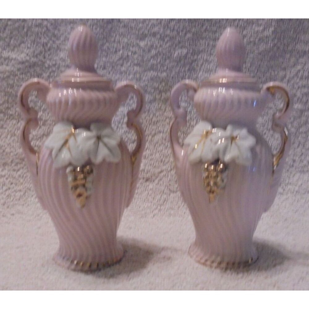 Vintage Vanity Set‎ Perfume Bottles with Stoppers Pink Gold White Leaves